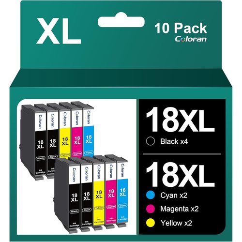 18Xl Multipack Lot De 10 Cartouches D'Encre Compatibles Avec Epson 18Xl Pour Epson Xp-305 Xp-215 Xp-225 Xp-412 Xp-422 (4Noir, 2Cyan, 2Magenta, 2Jaune)[Marque1704]