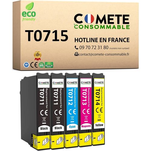 Comete, Marque Française - T0715-5 Cartouches D'Encre Compatibles Avec Epson T0715 Guépard - Pour Epson Stylus Sx205 Sx218 Sx400 Sx510W Sx515W Dx7450 Dx8450 (2 Noir Et 3 Couleur)[Marque497]