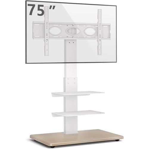 Anwxai-Télévision Montage Mural Socle En Bois Meuble Tv Au Sol Avec Base En Fer 3 Étagères Pour Écran 32 À 75 Pouces Pivotante Hauteur Réglable Supporter 50kgs Vesa Max 600 X 400 Mm Blanc