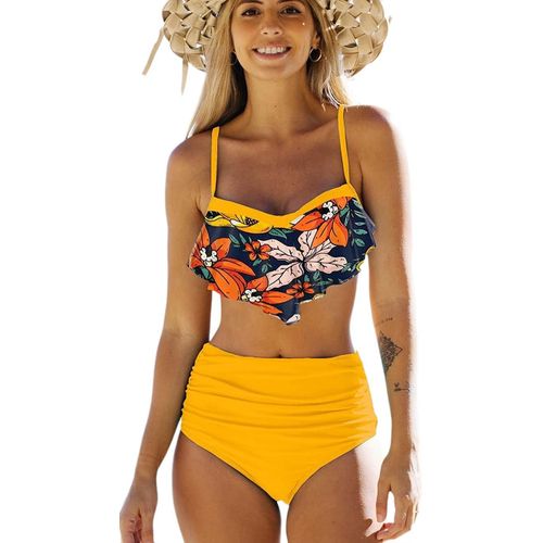 Women Swimsuit 2 Pieces Push Up Vintage High Waist Ruffles Bottom Ruched Two Pieces Bikini