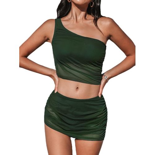 Women Two Piece Bikini Set One Shoulder Ruched Mesh Mid Waist Asymmetric Skirt