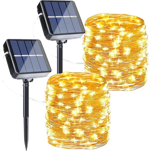 Set of 2 Solar String Lights Outdoor Garden 12 m 120 LED Waterproof 8 Modes Outdoor Solar String Lights Copper Wire for Garden,Patio,Yard,Christmas,Wedding,Party,Warm White