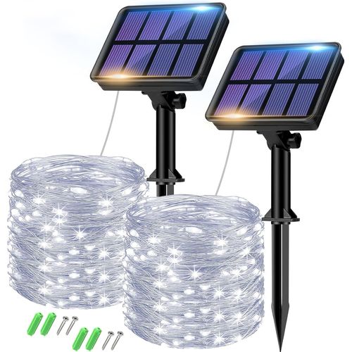Set of 2 Solar String Lights,Total 16 m 160 LED Outdoor Waterproof Fairy Lights,8 Modes Solar Outdoor String Lights Decoration for Garden,Patio,Yard,Christmas,Wedding,Party,Cool White