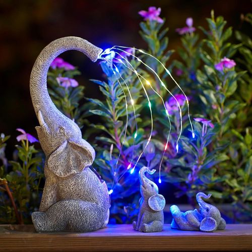 Decorative Garden Elephant Figurines With Solar String Lights Outside:Elephant Mother With 2 Baby Elephants Garden Decoration For Outdoors Gifts For Mom Wife