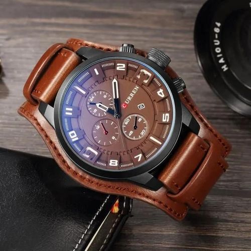 Lingyue Hommes Montres De Luxe Bracelet En Cuir Date Sport Quartz Hommes D\'affaires Montres - Marron