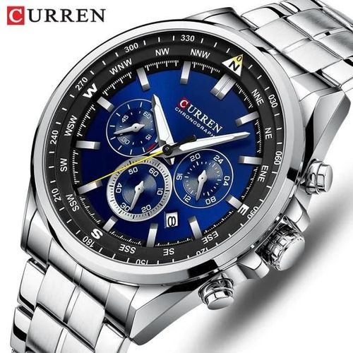 Argent Bieu - Curren Montres Hommes Top Marque De Luxe En Acier Inoxydable Chronographe Sport Montre Homme Montres À Quartz - Cadeau
