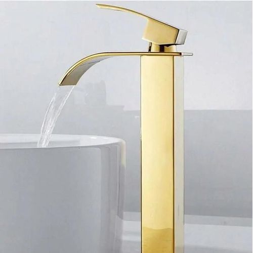 Robinet Salle De Bain Lavabo Haut Cascade Bec Pour Vasque,Mitigeur Eau Froide Et Chau Moderne Carré Chromé Trou Simple (Doré)