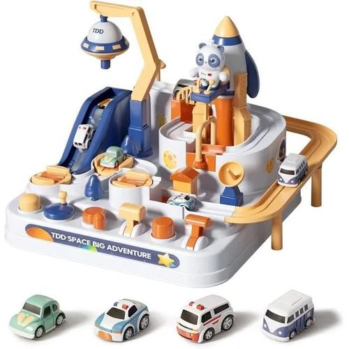 Amoune Jouets Aventure Automobile Enfants, 4 Véhicules, Voitures De Circuits, Piste De Garage Trains, Monde De L\'Espace