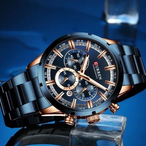 Or Rose - Lingyue De Luxe Hommes Sport Montre-Bracelet Étanche Chronographe Acier Inoxydable Quartz Montre Pour Homme - Bleu