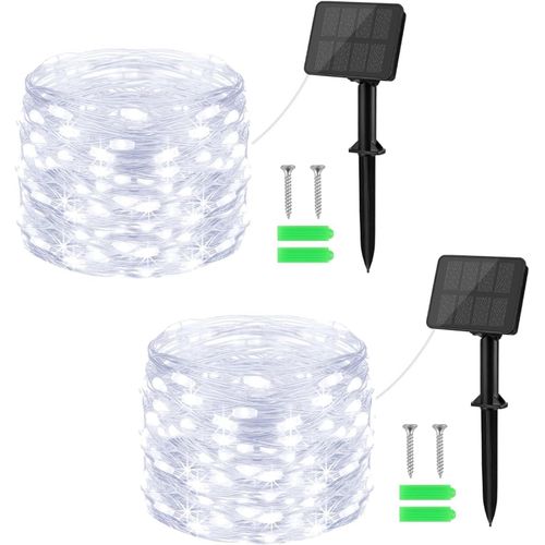 Set of 2 Outdoor Solar Fairy Lights,10 m 100 LED Solar String Lights,8 Modes IP65 Waterproof Light In/Outdoor Decor for Garden,Patio,Yard,Balcony,Terrace,Christmas (Cool White)