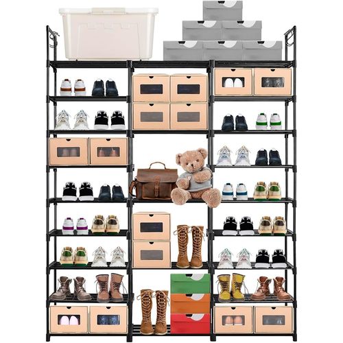 Shoe Rack, 9 Tiers 3 Rows Metal Shoe Rack 50-55 Pairs Of Storage, Diy Narrow Shoe Cabinet With Hooks For Living Room, Dressing Room And Hallway, Black