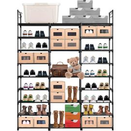 Shoe Rack, 9 Tiers 3 Rows Metal Shoe Rack 50-55 Pairs Of Storage, Diy Narrow Shoe Cabinet With Hooks For Living Room, Dressing Room And Hallway, Black