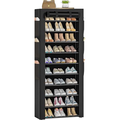 Large Shoe Rack, Black, 6 Side Pockets, 60cm Wide X 29cm Deep X 175cm High, 36-41 Pairs Of Shoes