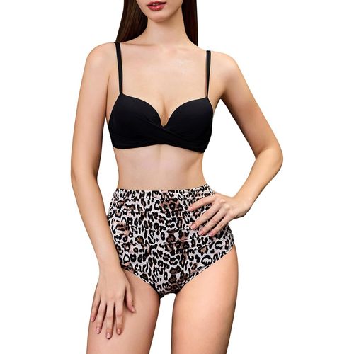 Women Tummy Control Bikini Set High Waist Push-Up Swimsuit Bottom Leopard Print Two Piece