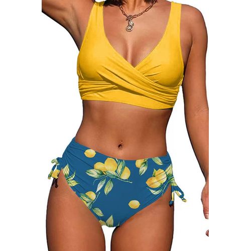 2 Piece Swimsuits Women Push Up Bikini Set Crossover Ruched Twisted Two Piece Swimsuit Halter Print Bikini Set High Waist V Neck Sexy Swimwear Elegant Lace Up Swimsuit
