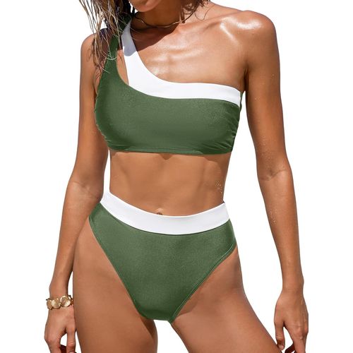 Women High Waisted Bikini Set - Cutout Cutout Two Piece Swimsuit Color Block Out Swimwear Forest Green/White, M