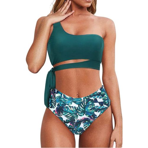 Swimwear Women 2 Pieces Brazilian Bikini Swimsuit One Shoulder Bandeau Top Push Up Side Straps Bikini Set Belly Control