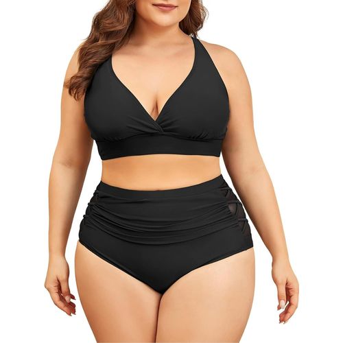 Women Bikini Flat Tummy Big Breasts Swimsuit V Neck Swimsuit Tummy Control Bikini Sets High Waist Bikini Sets