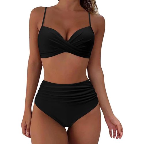 2 Pieces Swimsuit Women V-Neck Ruched Cross Bikini Set Push Up High Waist Swimsuit Elegant Slimming Shorty Two Piece Set Beach Outfit Tankini Swimwear