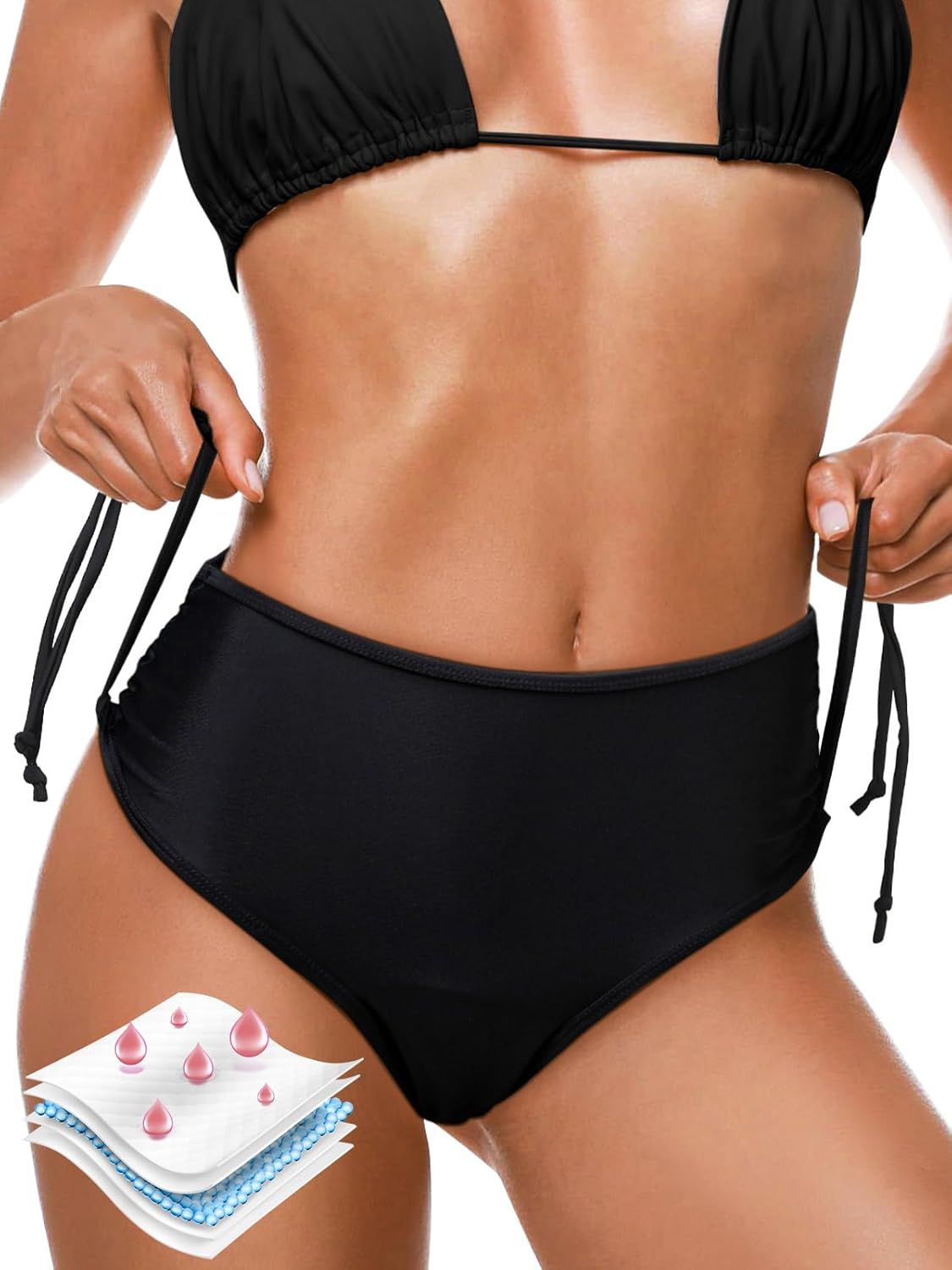 Period Swimsuit For Swimming Women 4 Layers Anti-Leak Period Bikini Pants High Waist Period Swimsuit Black Teenager Period Girl Swimsuit With Drawstring