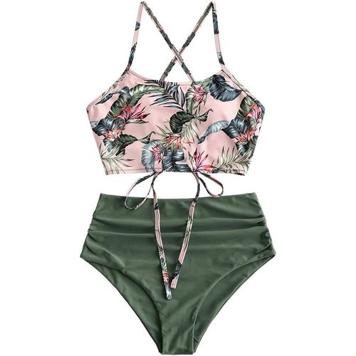 Women Two Piece Bikini Set Swimsuit Padded Leaf Print Lace Up Tankini Top With Mixed Shorts