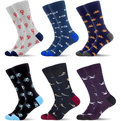 6 Pairs Mens Ocean Animals Ocean Animal Print Seamless Combed Cotton Socks-Multicoloured,Size 9-11,Blue/Black/Grey/Multicoloured,Ocean Animal-6sw,9-11
