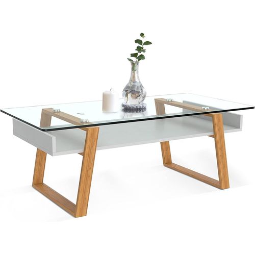 Kgabery-Donatella Design Coffee Table Scandinavian White Glass Living Room Table With Natural Wood Frame