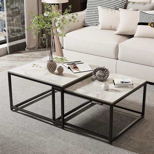 Kgabery-Nesting Table Living Room Marble: Set Of 2 Square Modern Design Sofa End For Coffee Shop With Black Metal Legs¿White 65x65x40+60x60x36 Cm