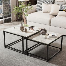 Kgabery-Nesting Table Living Room Marble: Set Of 2 Square Modern Design Sofa End For Coffee Shop With Black Metal Legs¿White 65x65x40+60x60x36 Cm