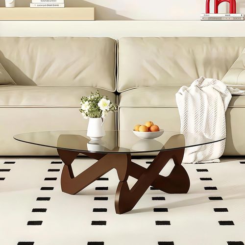 Kgabery-Modern Transparent Glass Coffee Table Living Room In Black Wood Triangle Base Vintage Tempered Glass (Transparent Walnut,82)