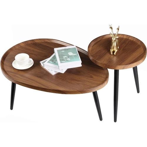 Kgabery-Set Of 2 Wooden Coffee Table-Set Of 2 Industrial Nesting Tables-Oval Coffee Table-Modern Design-Round Pedestal Table For Living Room,Office,Bedroom-Walnut/Black