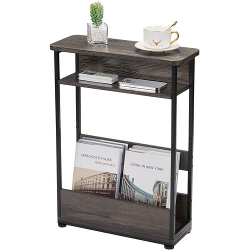 Kgabery-Narrow Side Table 3 Tier Side Table With Storage Compartment Vintage Coffee Table For Small Narrow Spaces And Small Spaces Bedside Table 62.5cm High With Magazine Rack