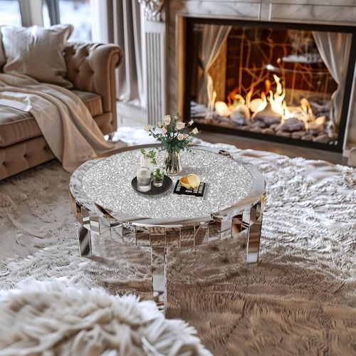 Kgabery-Round Glass Coffee Table: Living Room Table In Silver Mirror With Diamond And Modern Design For Living Room Bedroom¿80x80x46.5 Cm