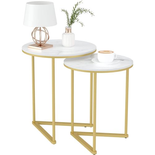 Kgabery-Nesting Table For Living Room: Set Of 2 Round Modern White Marble End End Of Living Room Metal Design Gold Design For Living Room Office Bedroom¿¿45x55 Cm+¿40x51 Cm