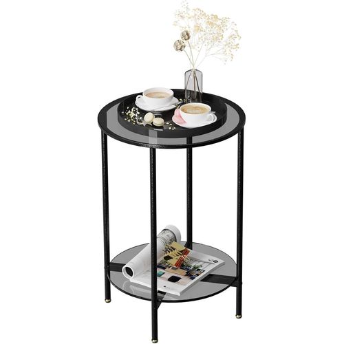 Kgabery-Round Living Room Side Table: Black End Of Sofa Small Coffee Table Design Tempered Glass For Bedroom Office Kitchen 40x40x57 Cm