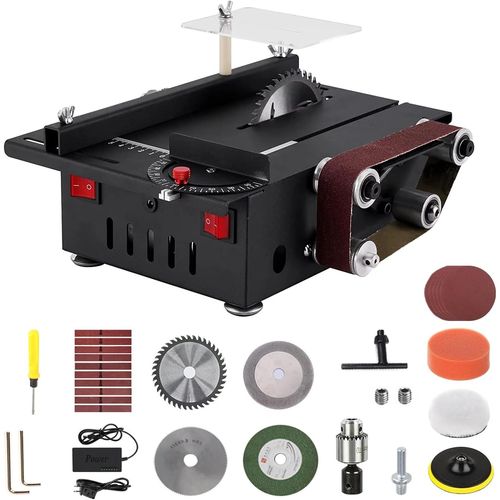 KGABERY-Mini Table Saw,Compact Circular Saw With Belt Sander,200W Multifunctional Portable Precision For Diy,Mini Table Saw,4 Blades,0.1-30 Mm Blade For Woodworking And Diy