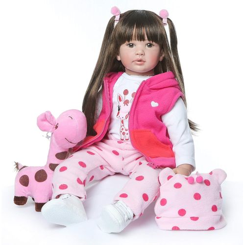 KGABERY-Baby Reborn Doll 47 Cm 18 Inches Soft Silicone Vinyl Realistic Reborn Girl With Long Hair Pink Giraffe Doll