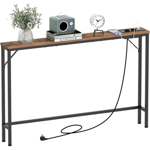 Kgabery-5.9 Inch Slim Console Table With Charging Station,Industrial Design,Modern Side Table With Stable Steel Frame,For Living Room,Hallway,Office (Vintage Brown,120x15x80 Cm)