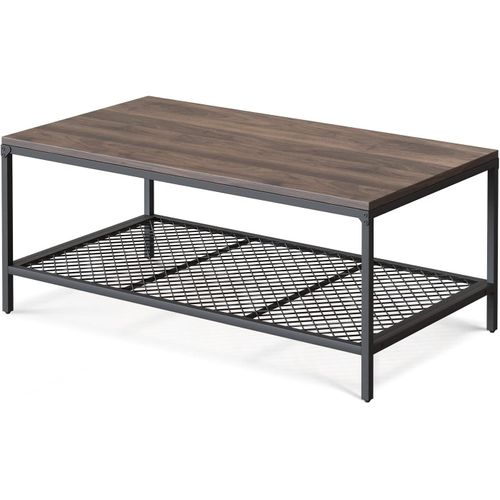 Kgabery-Table Basse De Salon,Buffet Bas,Avec 1 Étagère De Rangement Ouvert,Meuble De Salon Bureau Chambre,Design De La Maille De Fer,Cadre En Acier,Style Industriel,110×60×45 Cm,Noyer