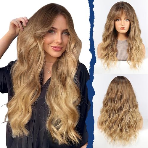 Kgabery-Women's Wig Long Curly Ombre Brown Blonde Wig With Bangs For Women,Natural Synthetic Hair,22 Inch,Suitable For Halloween/Party/Daily Wear.(Ombre Blonde Brown)