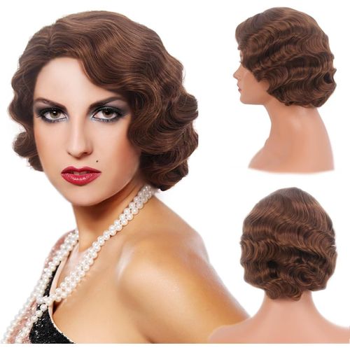 Kgabery-Reewes 1920s Short Wig Vintage Short Wig For Women Synthetic Heat Resistant Cosplay Wig Brown