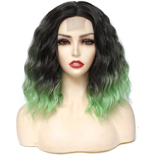 Kgabery-Ombre Green Short Hair Wig Natural Hair Wigs 35cm Adjustable Middle Part Curly Lace Front Wig For Women Daily Carnival