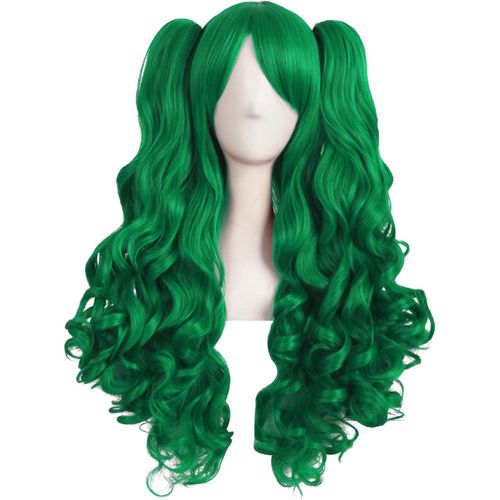 Kgabery-28 Inches/70 Cm Lolita Long Curly 2 Ponytail Clip On Wig Cosplay Wig (Grass Green)