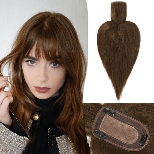 Kgabery-Human Hair Dressing Table With Fringes Crown Hairpieces For Women Short Wig 7.5x13 Cm Silk Base 100% Real Human Hair Clip In Topper 25 Cm 35 G (Medium Brown)