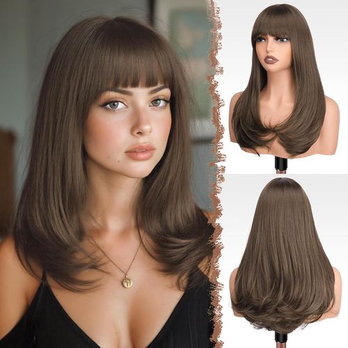 Kgabery-Long Wig With Bangs,Natural Synthetic Medium Brown Hair Wig Carnival Cosplay Wig For Women 45 Cm