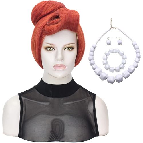 Kgabery-Orange Wig For Women With Necklace Stone Age Earrings Bracelet Decoration Character Cosplay Short Red Wig Retro Halloween Carnival