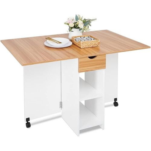 Kgabery-Folding Dining Table,Kitchen Table For Small Spaces With 1 Drawer And 2 Storage Shelves,For Kitchen Dining Room,72x120x75 Cm,Red Oak And White
