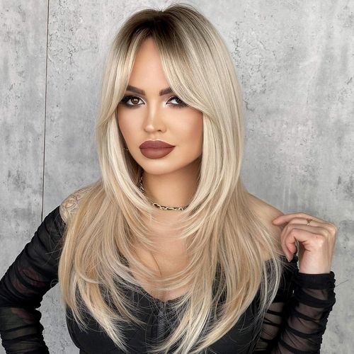 Kgabery-Women Long Natural Look Wig With Bangs Heat Resistant Festival Halloween Costume Wig (Blonde)