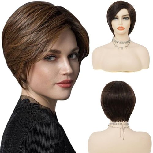 Kgabery-Short Brown Wigs For Women Natural Looking Full Side Part Dark Brown Synthetic Wig For Daily Use