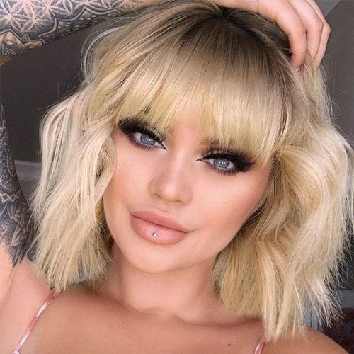Kgabery-Short Blonde Ombre Wavy Wig With Bangs For Women Pastel Curly Synthetic Wig For Girl Colorful Cosplay Wig